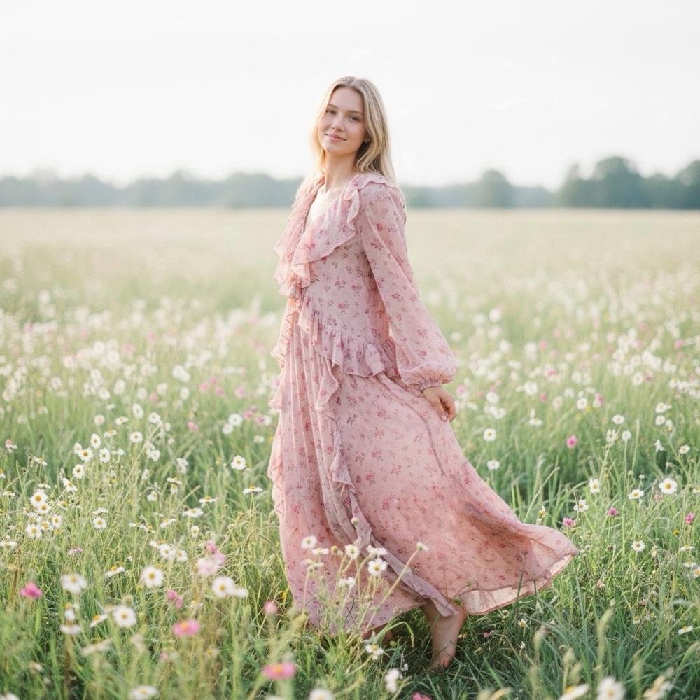 Spell and the Gypsy Fleur ruffle gown pink unlined maxi dress boho size small